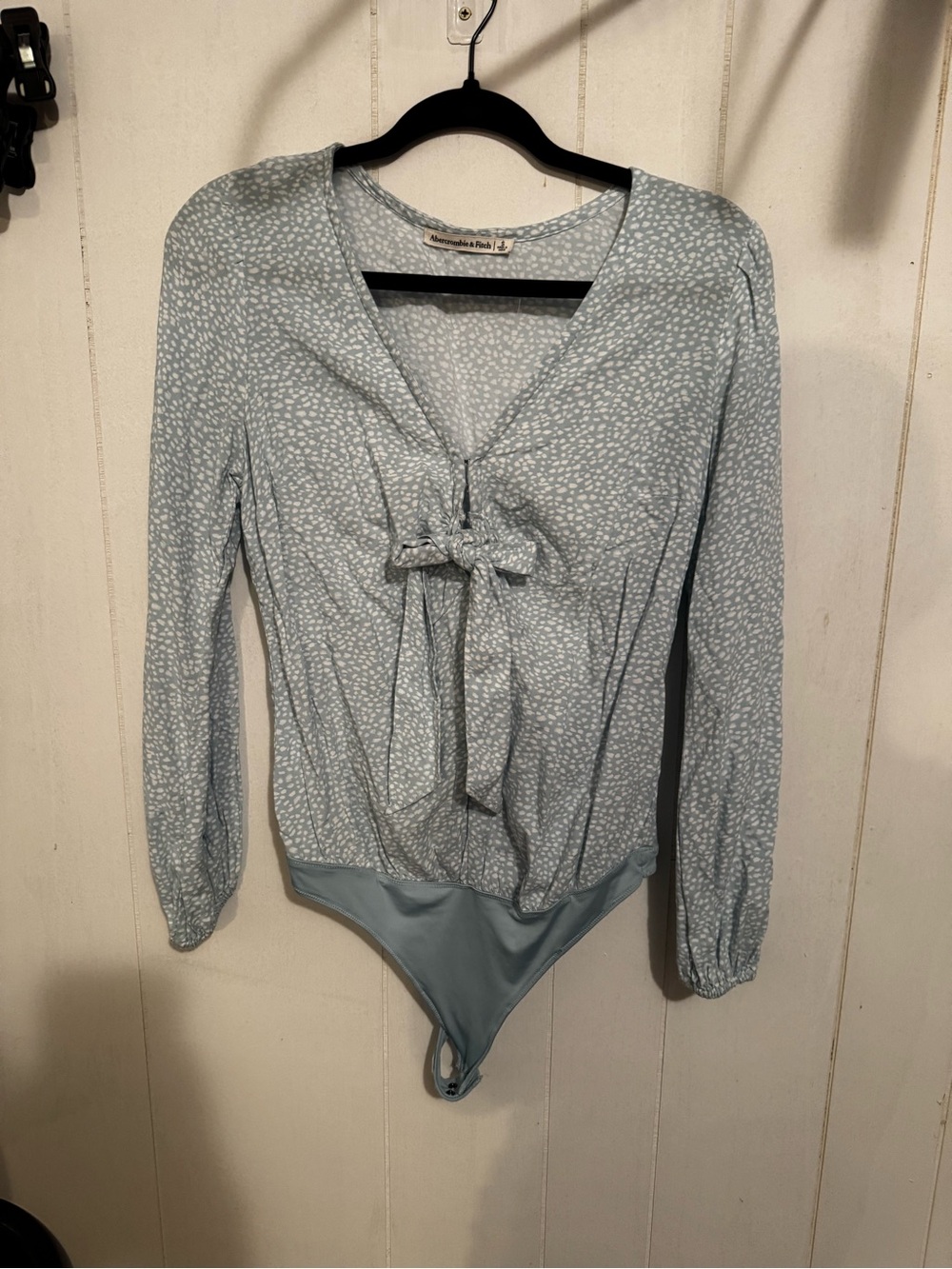 Abercrombie & Fitch Light Blue Long-Sleeve Tie-Front Bodysuit with Dot Print